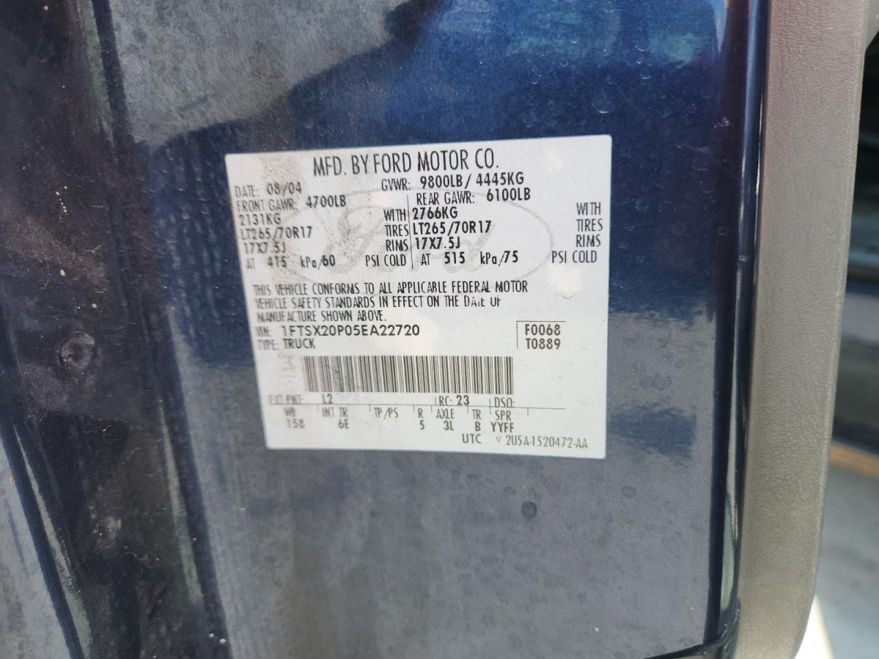 2005 Ford F250 Super Duty VIN: 1FTSX20P05EA22720 Lot: 82196345