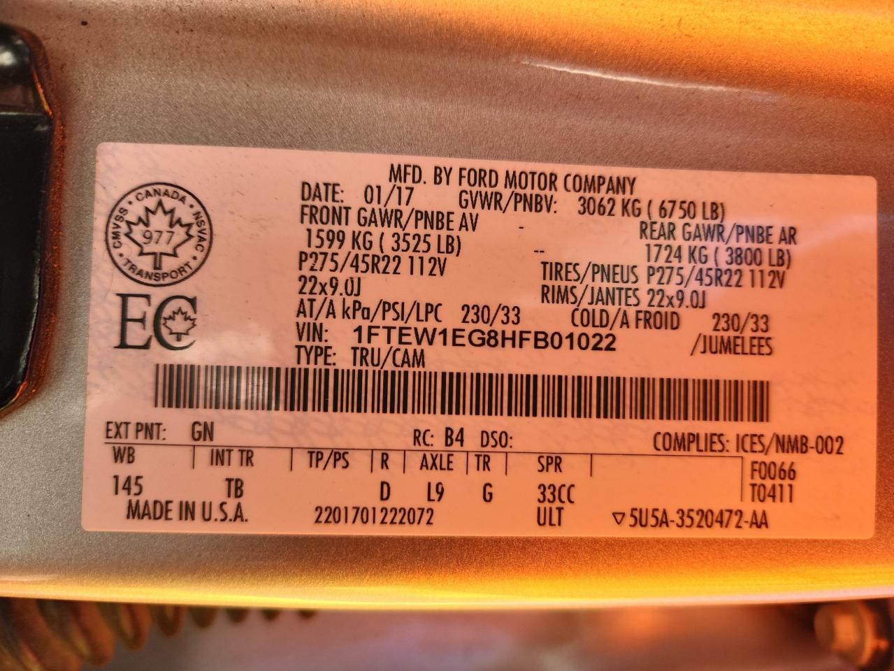 2017 Ford F150 Supercrew VIN: 1FTEW1EG8HFB01022 Lot: 90354685