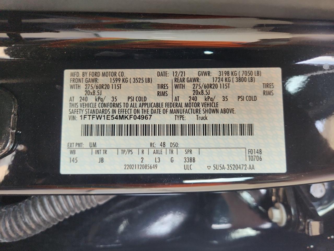 2021 Ford F150 Supercrew VIN: 1FTFW1E54MKF04967 Lot: 82007225