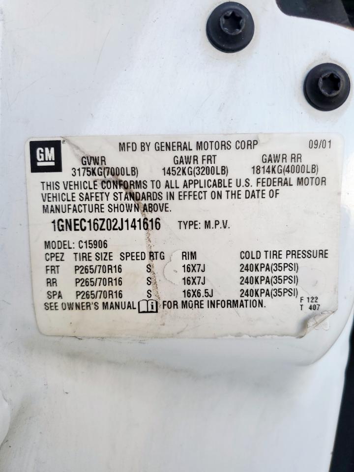 2002 Chevrolet Suburban C1500 VIN: 1GNEC16Z02J141616 Lot: 86280055