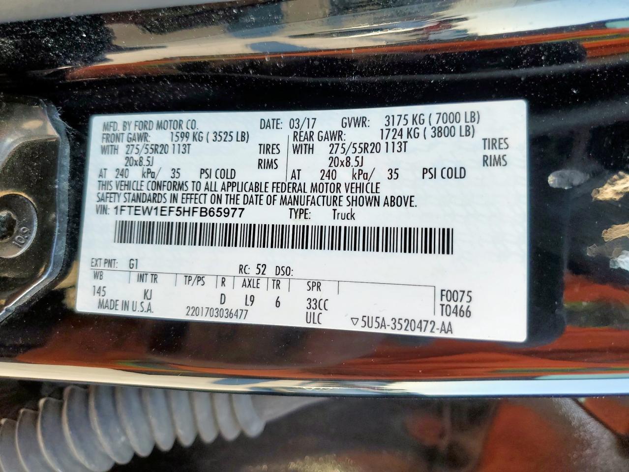 2017 Ford F150 Supercrew VIN: 1FTEW1EF5HFB65977 Lot: 85666555