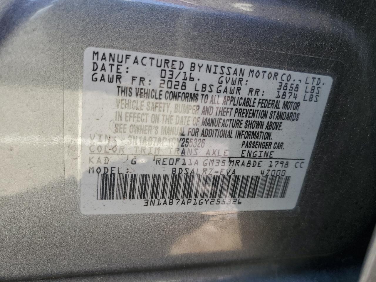 2016 Nissan Sentra S VIN: 3N1AB7AP1GY255326 Lot: 86675375