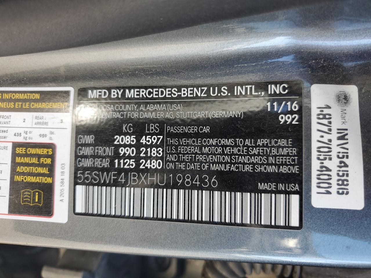 2017 Mercedes-Benz C 300 VIN: 55SWF4JBXHU198436 Lot: 90936225