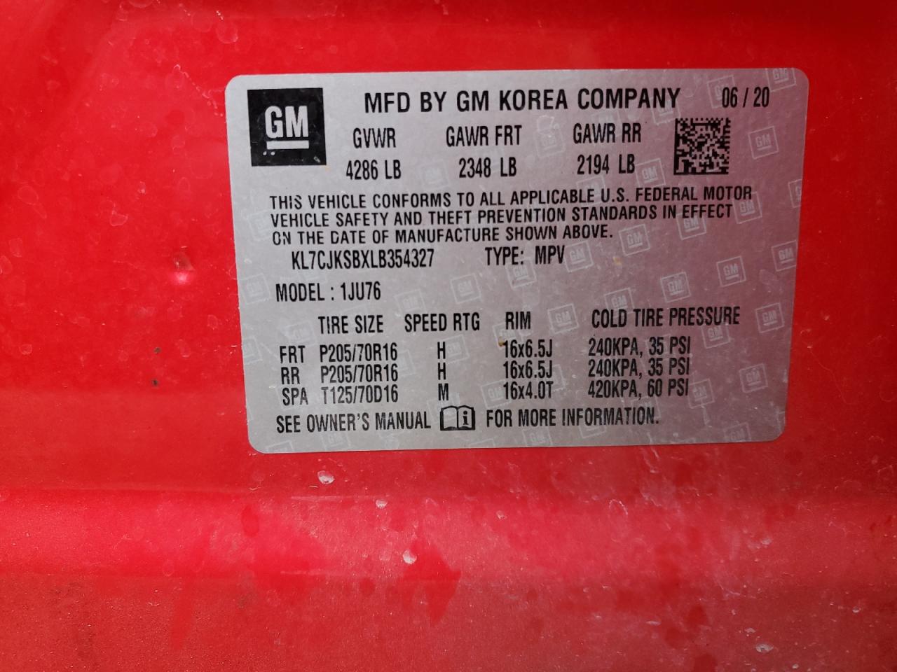 2020 Chevrolet Trax Ls VIN: KL7CJKSBXLB354327 Lot: 90136835