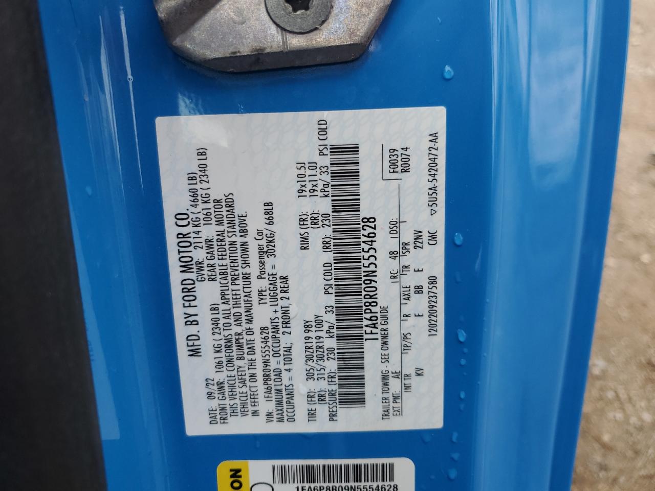 2022 Ford Mustang Mach I VIN: 1FA6P8R09N5554628 Lot: 89895275