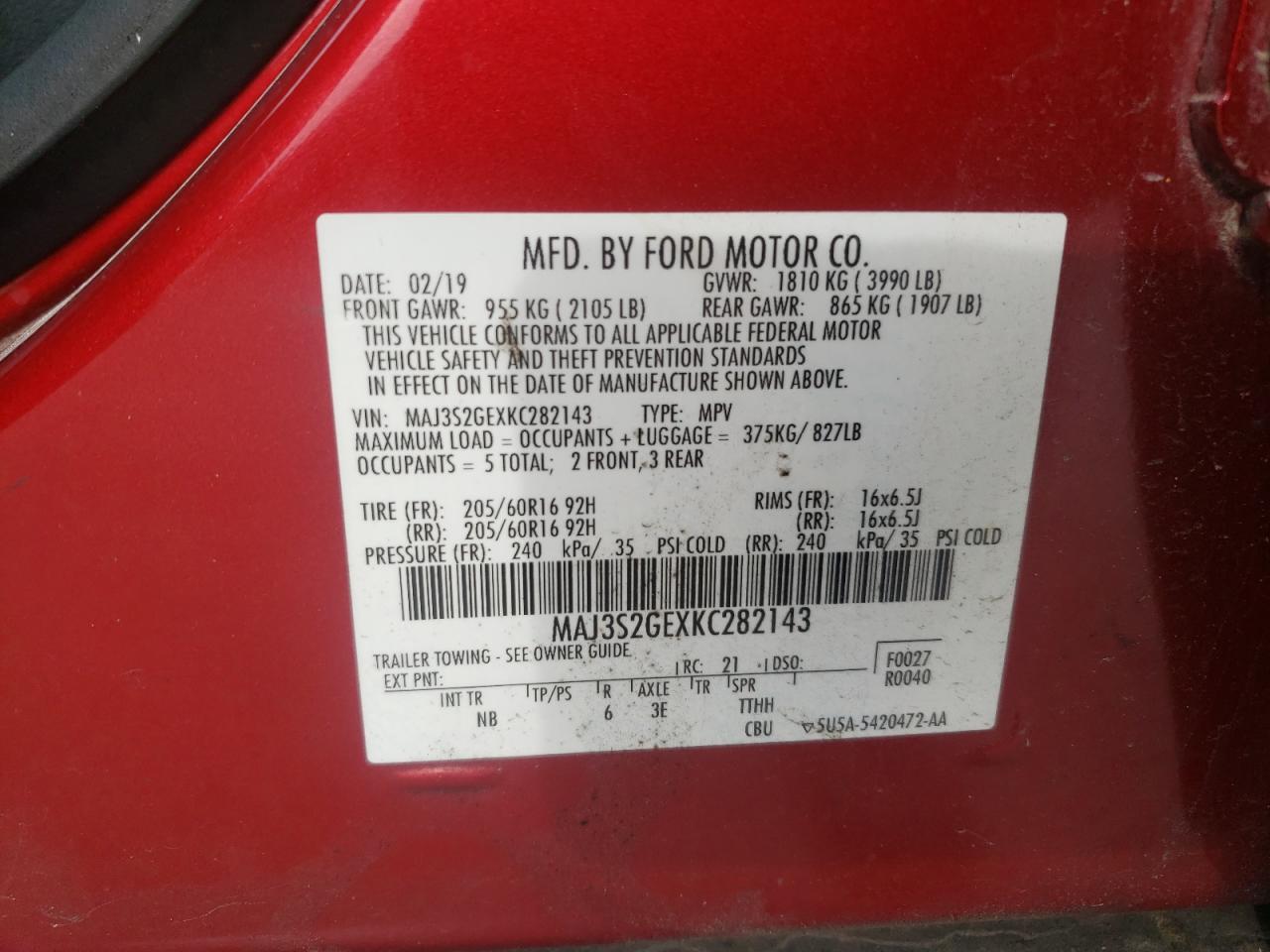 2019 Ford Ecosport Se VIN: MAJ3S2GEXKC282143 Lot: 85716935