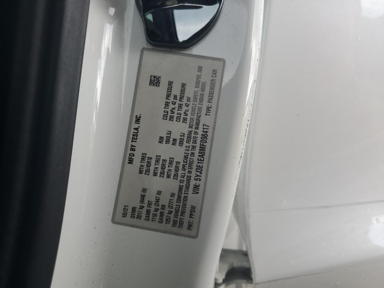 2021 Tesla Model 3 VIN: 5YJ3E1EA8MF098417 Lot: 90539055