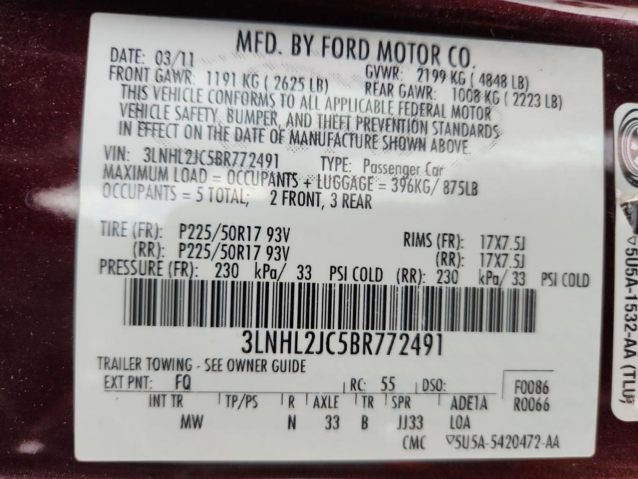 2011 Lincoln Mkz VIN: 3LNHL2JC5BR772491 Lot: 82329665