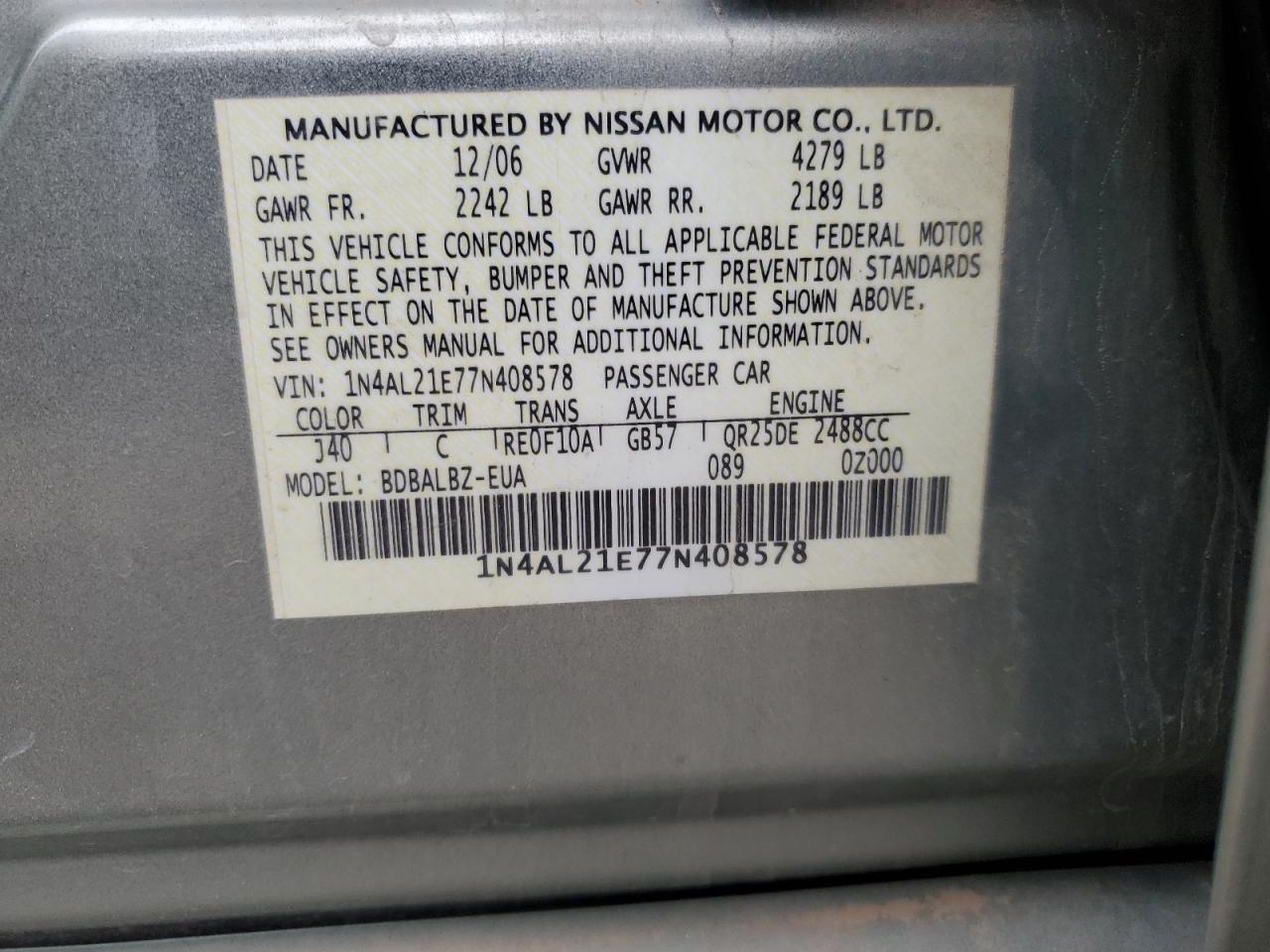 2007 Nissan Altima 2.5 VIN: 1N4AL21E77N408578 Lot: 86179305