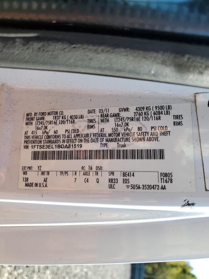 2011 Ford Econoline E350 Super Duty Van VIN: 1FTSE3EL1BDA81519 Lot: 86098085