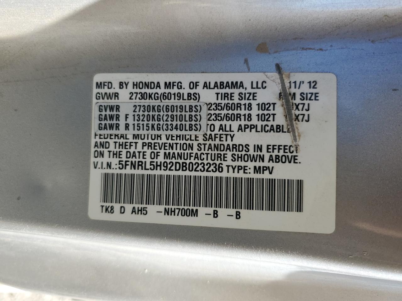 2013 Honda Odyssey Touring VIN: 5FNRL5H92DB023236 Lot: 85541035