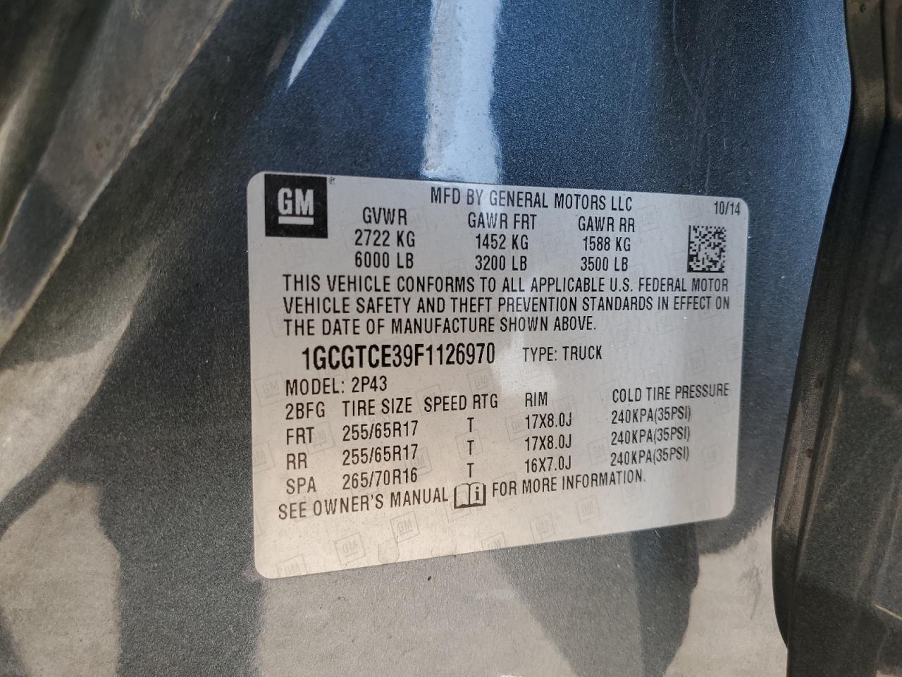 2015 Chevrolet Colorado Z71 VIN: 1GCGTCE39F1126970 Lot: 81834845