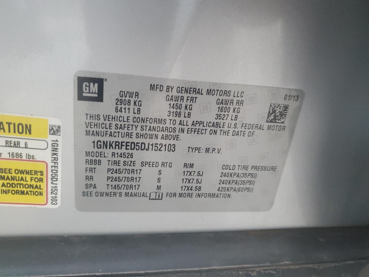 2013 Chevrolet Traverse Ls VIN: 1GNKRFED5DJ152103 Lot: 90035335