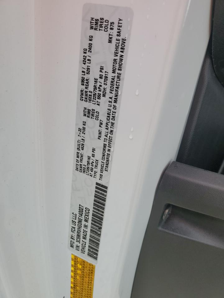 2022 Ram Promaster 3500 3500 High VIN: 3C6MRVHG0NE140027 Lot: 82176385