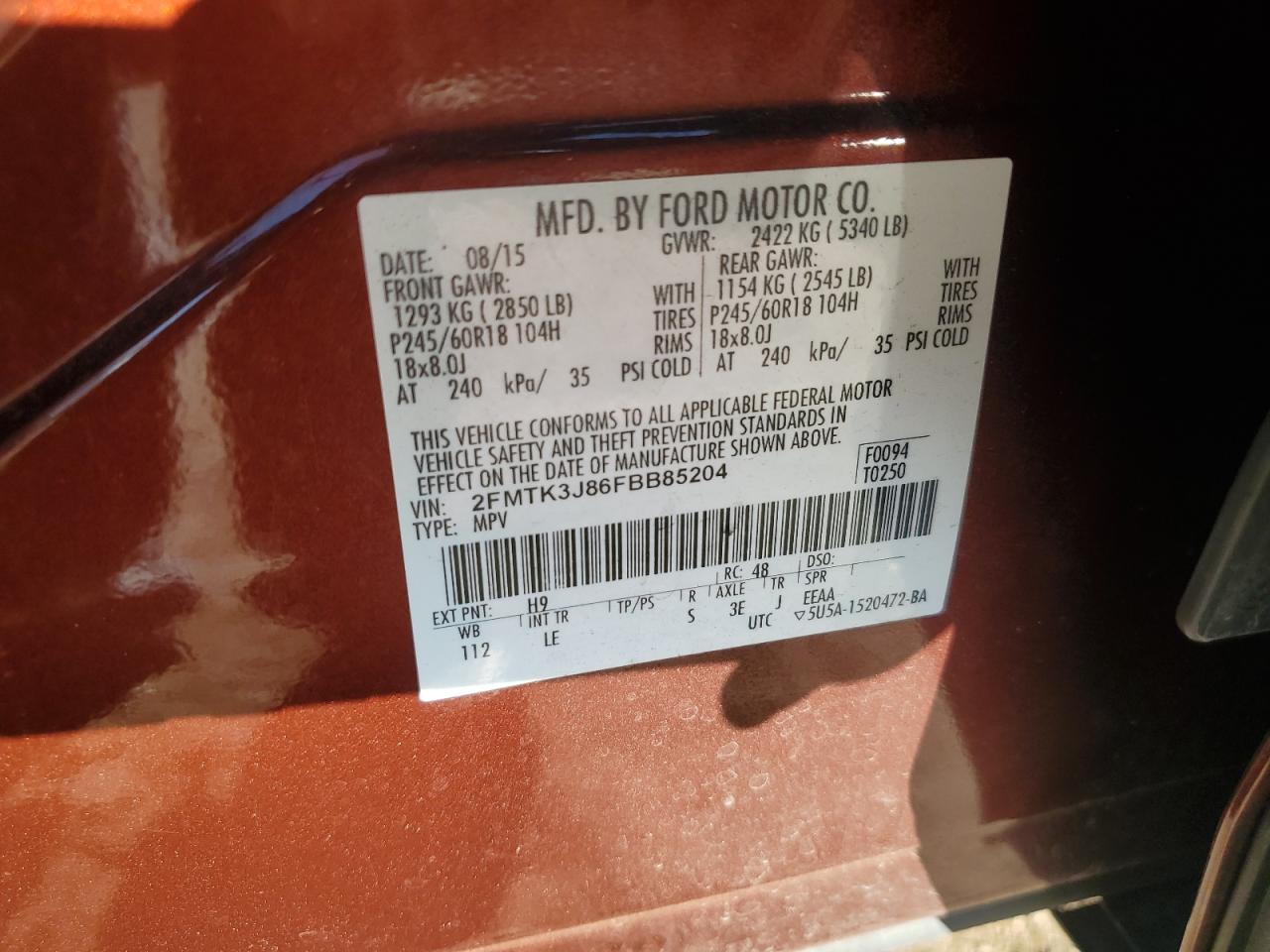 2015 Ford Edge Sel VIN: 2FMTK3J86FBB85204 Lot: 90579995