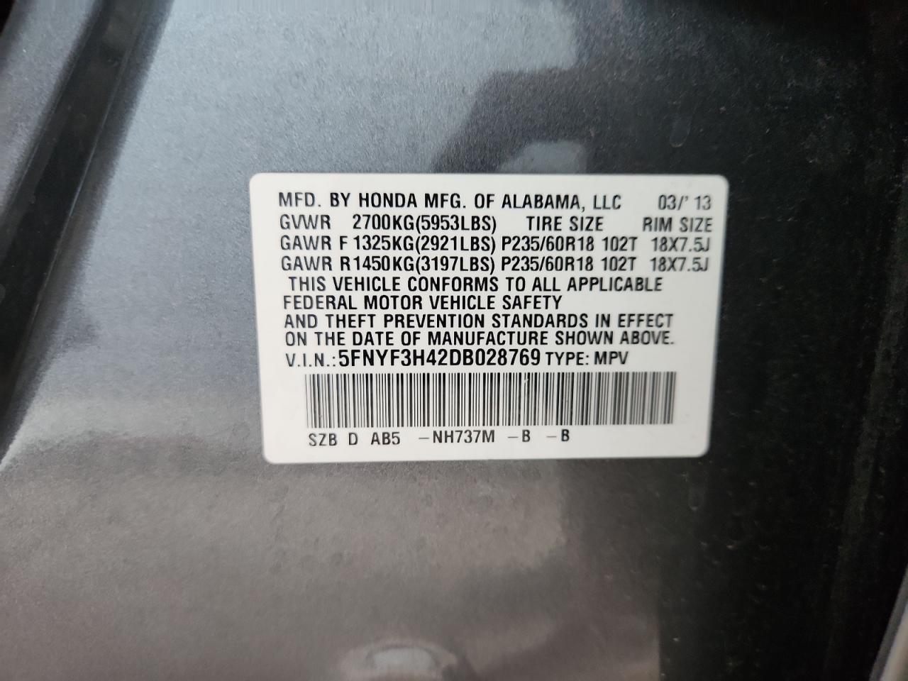 2013 Honda Pilot Ex VIN: 5FNYF3H42DB028769 Lot: 85289435