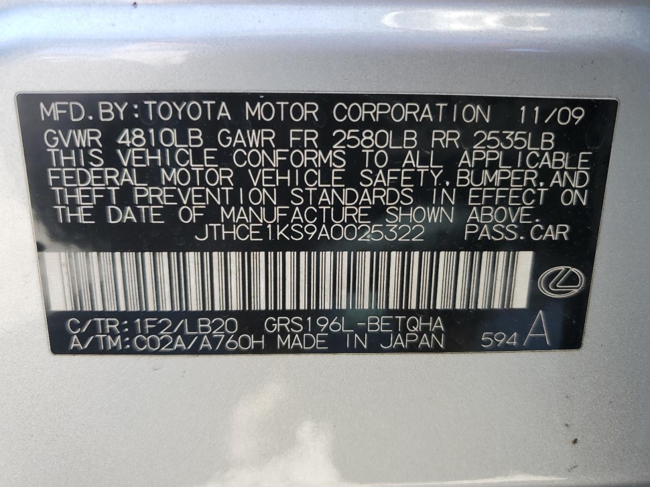 2010 Lexus Gs 350 VIN: JTHCE1KS9A0025322 Lot: 84538635