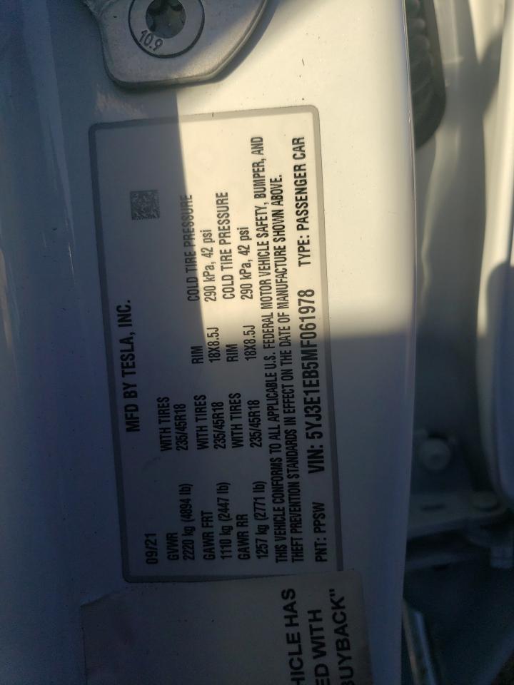 2021 Tesla Model 3 VIN: 5YJ3E1EB5MF061978 Lot: 86250345