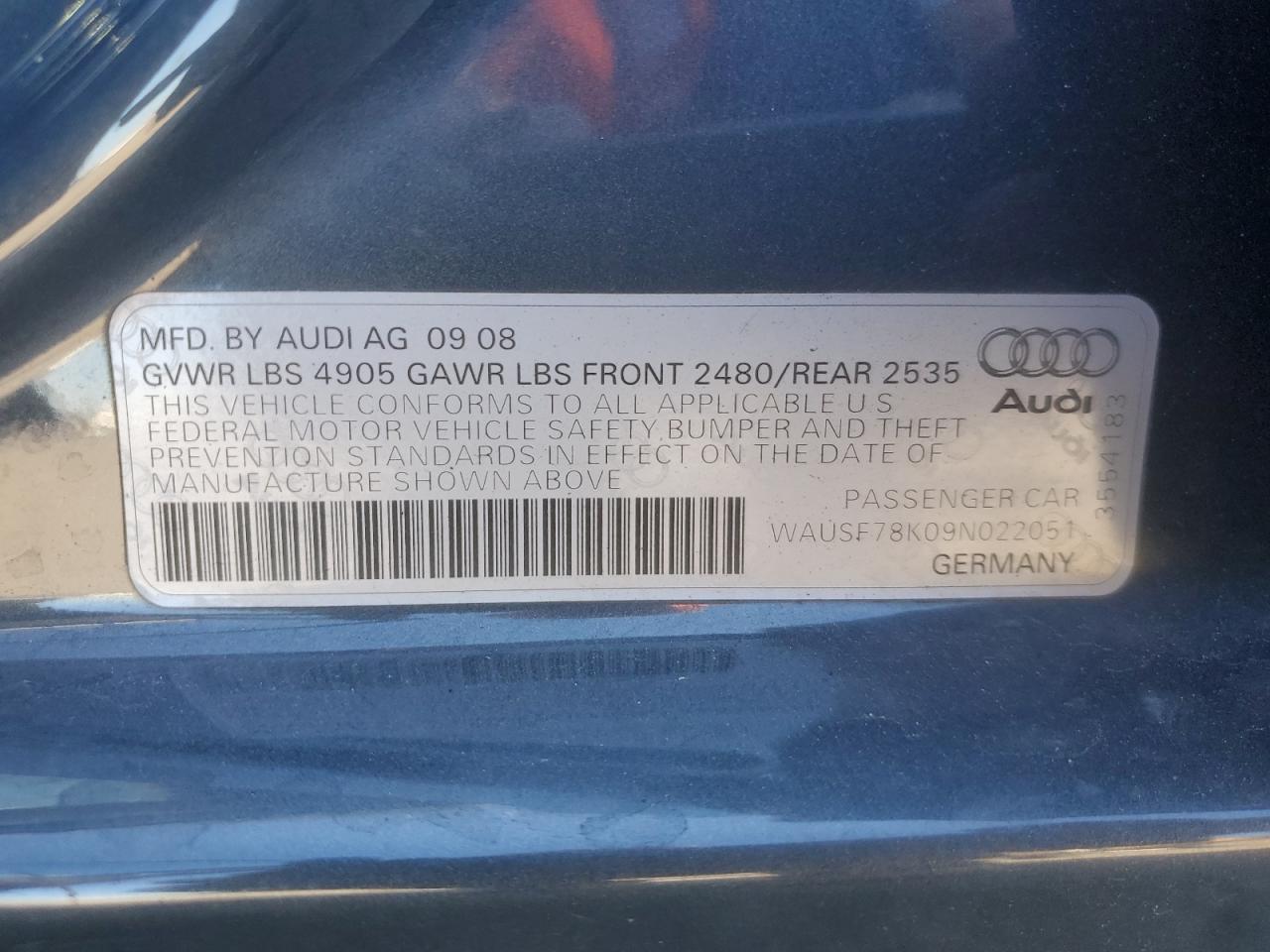 2009 Audi A4 Premium Plus VIN: WAUSF78K09N022051 Lot: 85910905