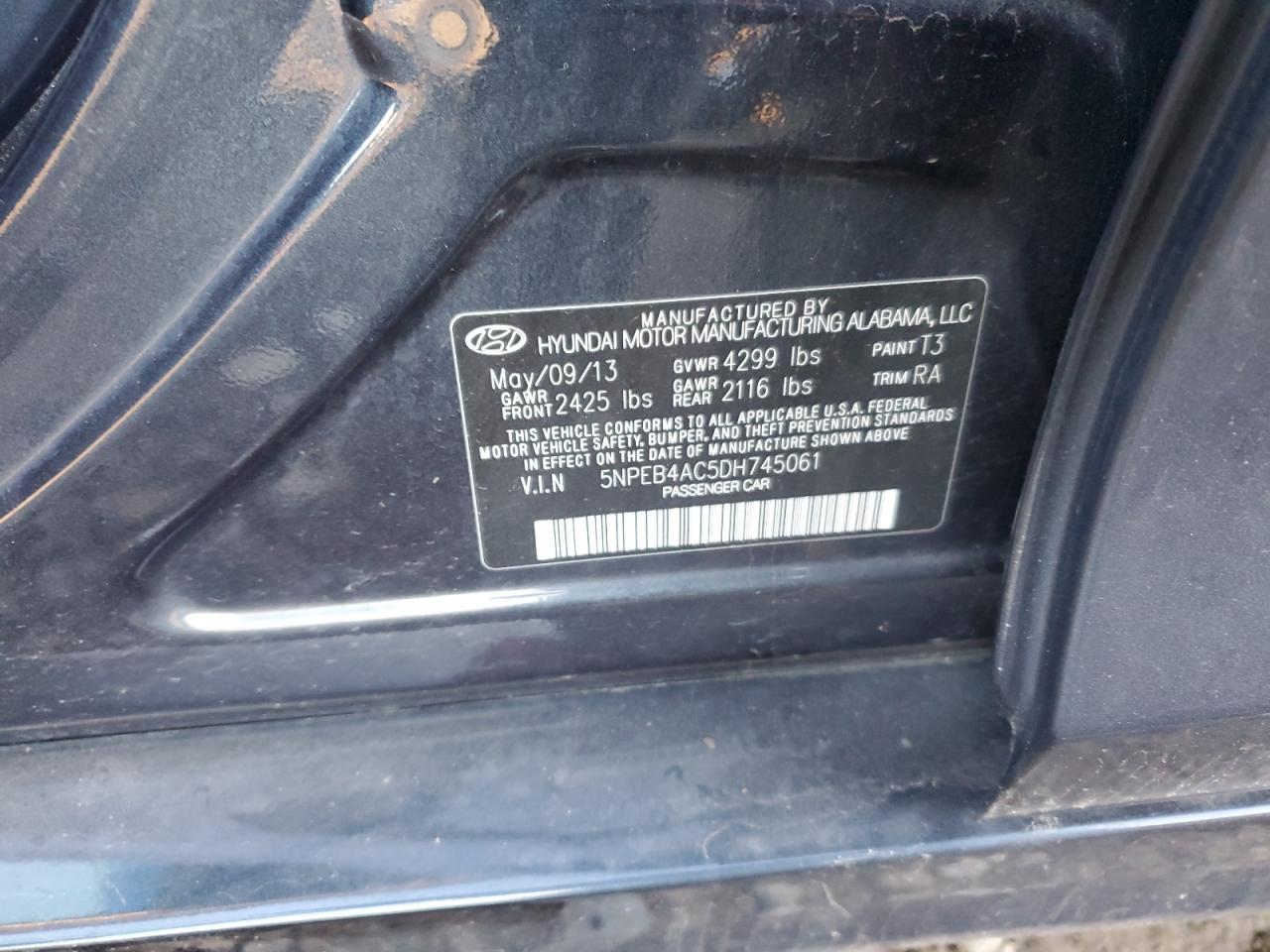 2013 Hyundai Sonata Gls VIN: 5NPEB4AC5DH745061 Lot: 82312005