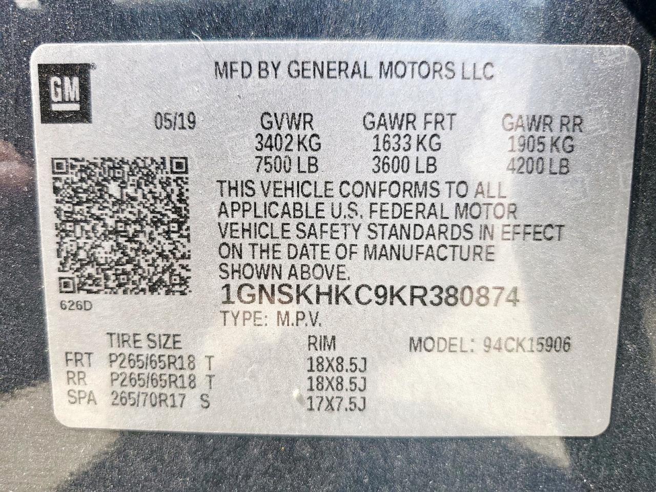 2019 Chevrolet Suburban K1500 Lt VIN: 1GNSKHKC9KR380874 Lot: 82176475