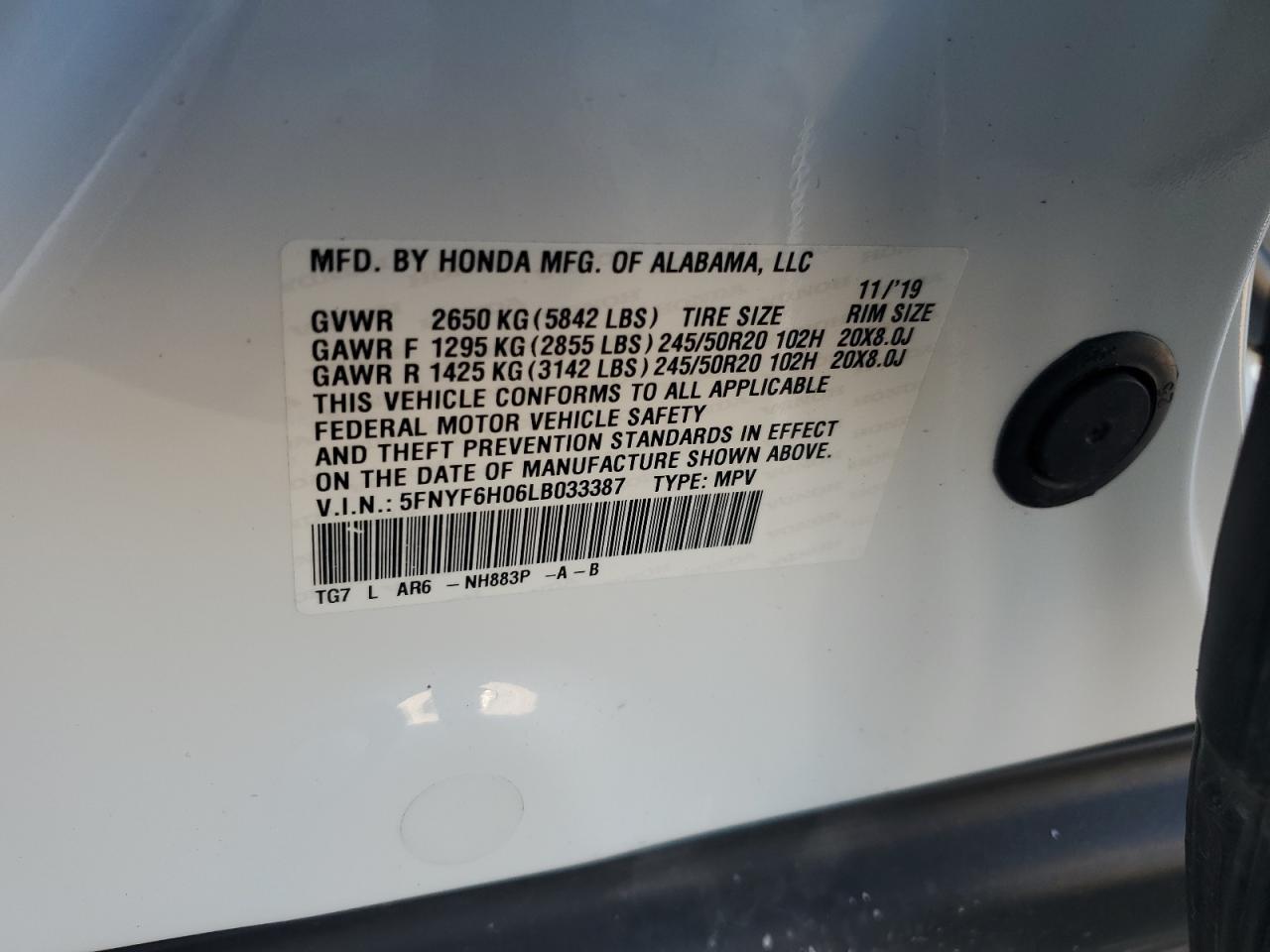 2020 Honda Pilot Elite VIN: 5FNYF6H06LB033387 Lot: 85366715