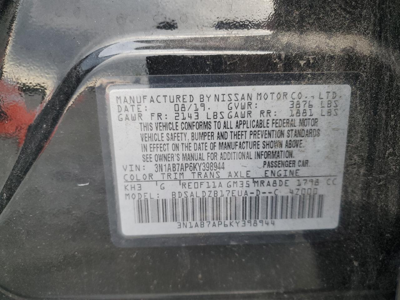 2019 Nissan Sentra S VIN: 3N1AB7AP6KY398944 Lot: 85875315