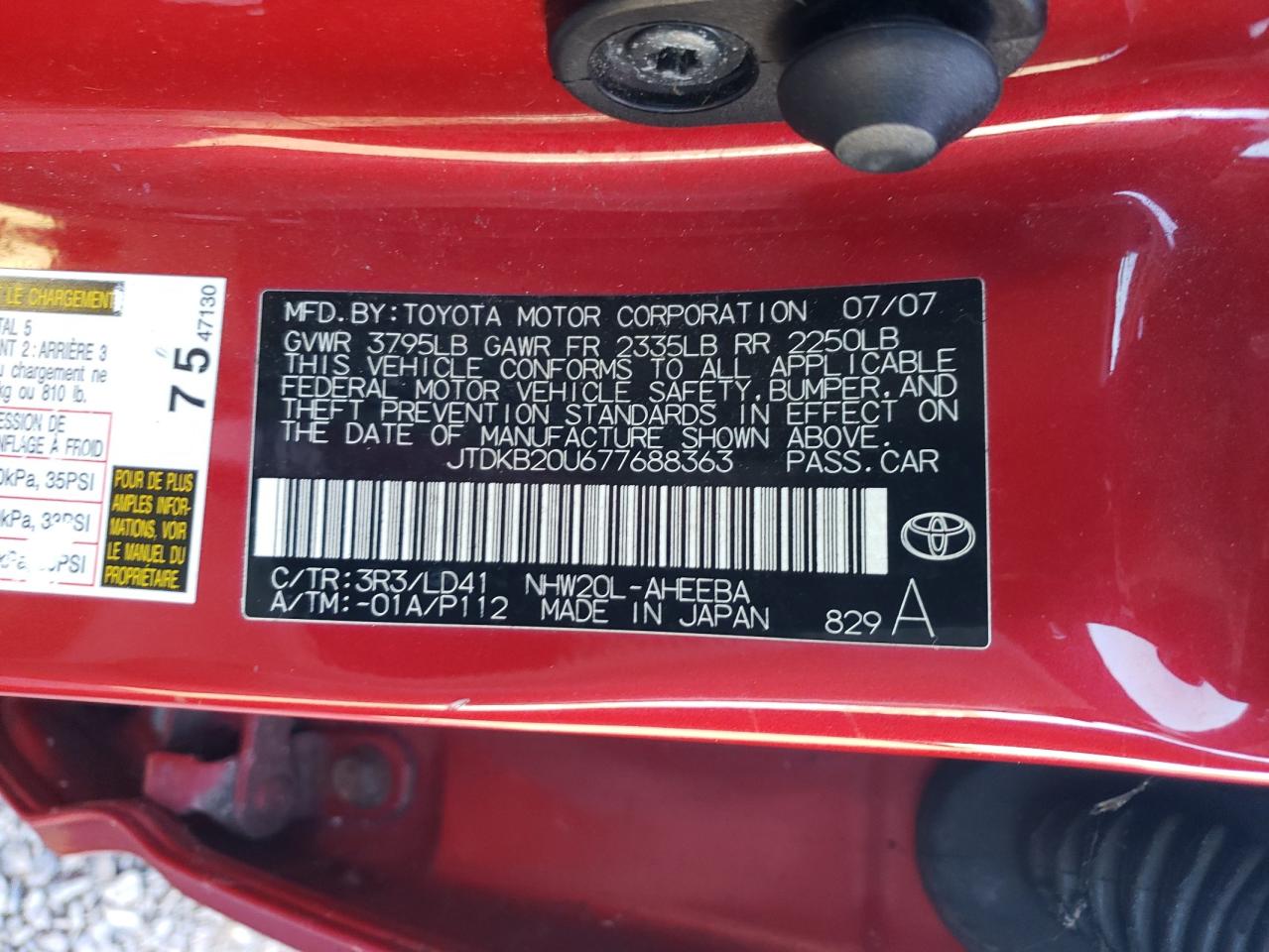 2008 Toyota Prius VIN: JTDKB20U677688363 Lot: 85684925