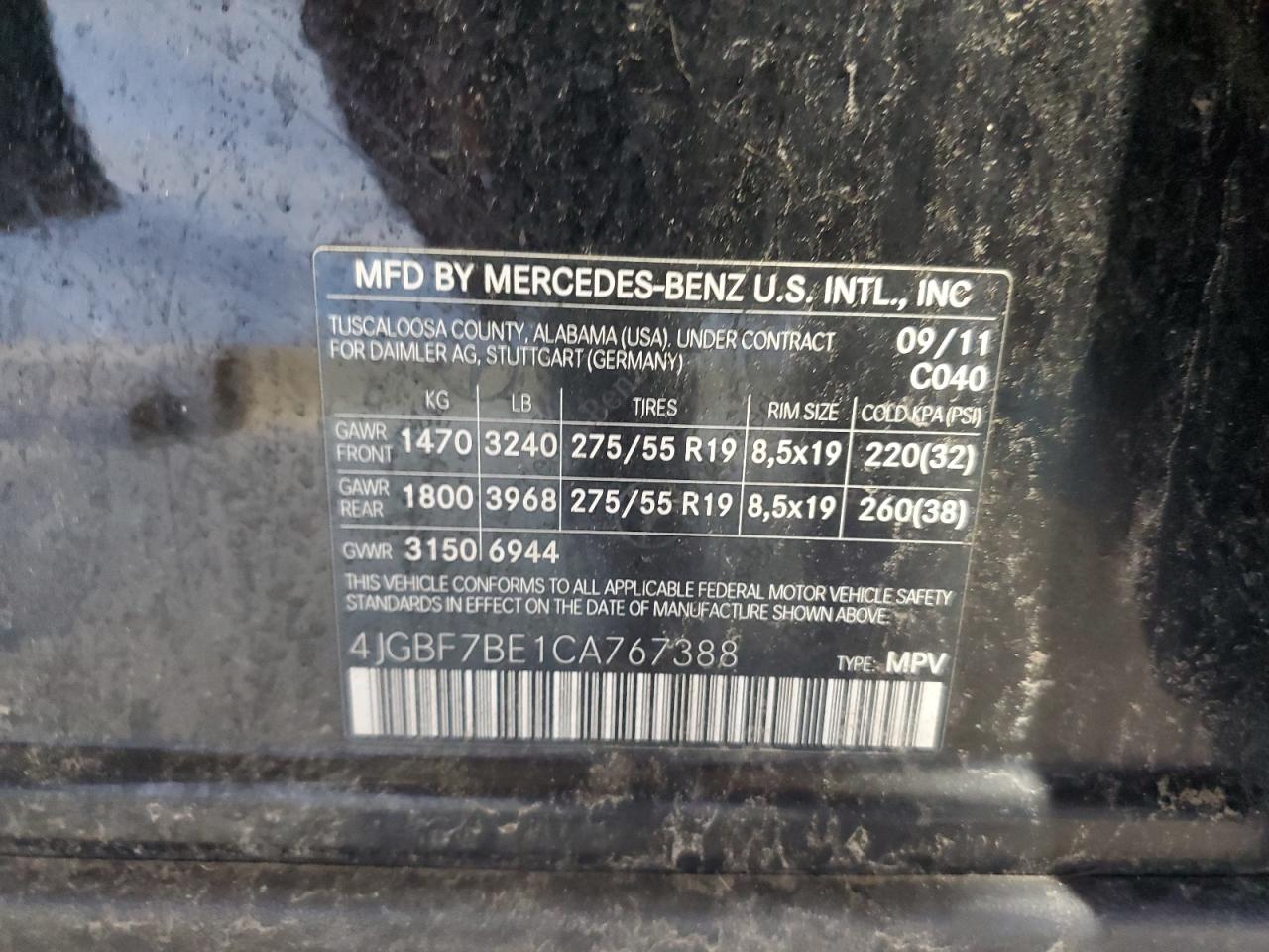 2012 Mercedes-Benz Gl 450 4Matic VIN: 4JGBF7BE1CA767388 Lot: 82500025