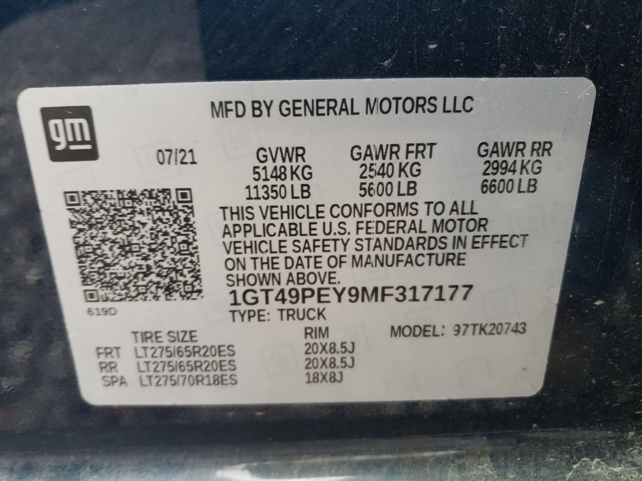 2021 GMC Sierra K2500 At4 VIN: 1GT49PEY9MF317177 Lot: 81619915