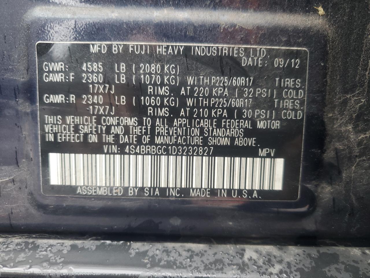 2013 Subaru Outback 2.5I Premium VIN: 4S4BRBGC1D3232827 Lot: 86442885