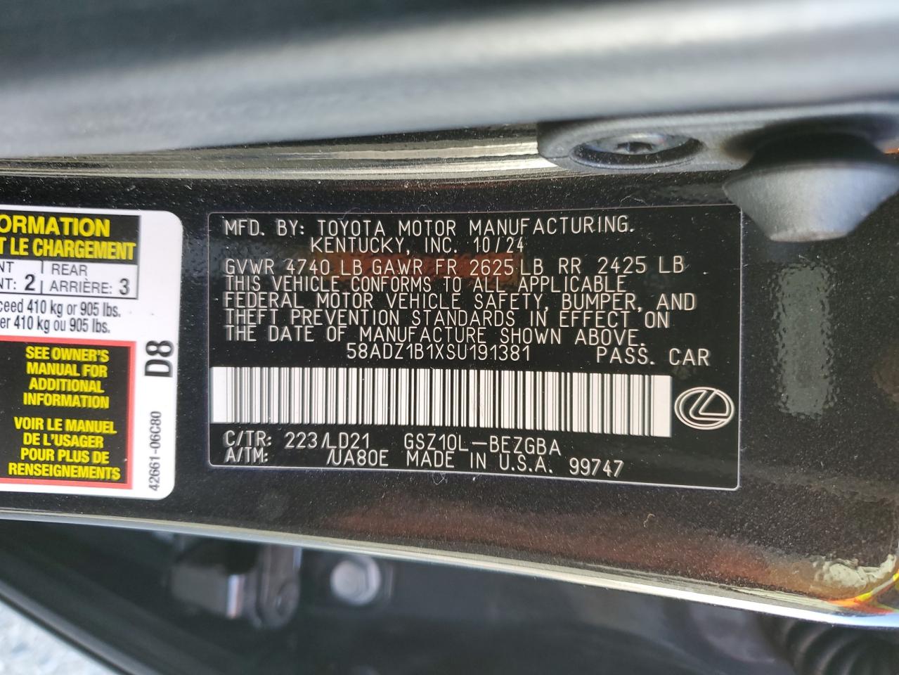 2025 Lexus Es 350 Base VIN: 58ADZ1B1XSU191381 Lot: 85590545