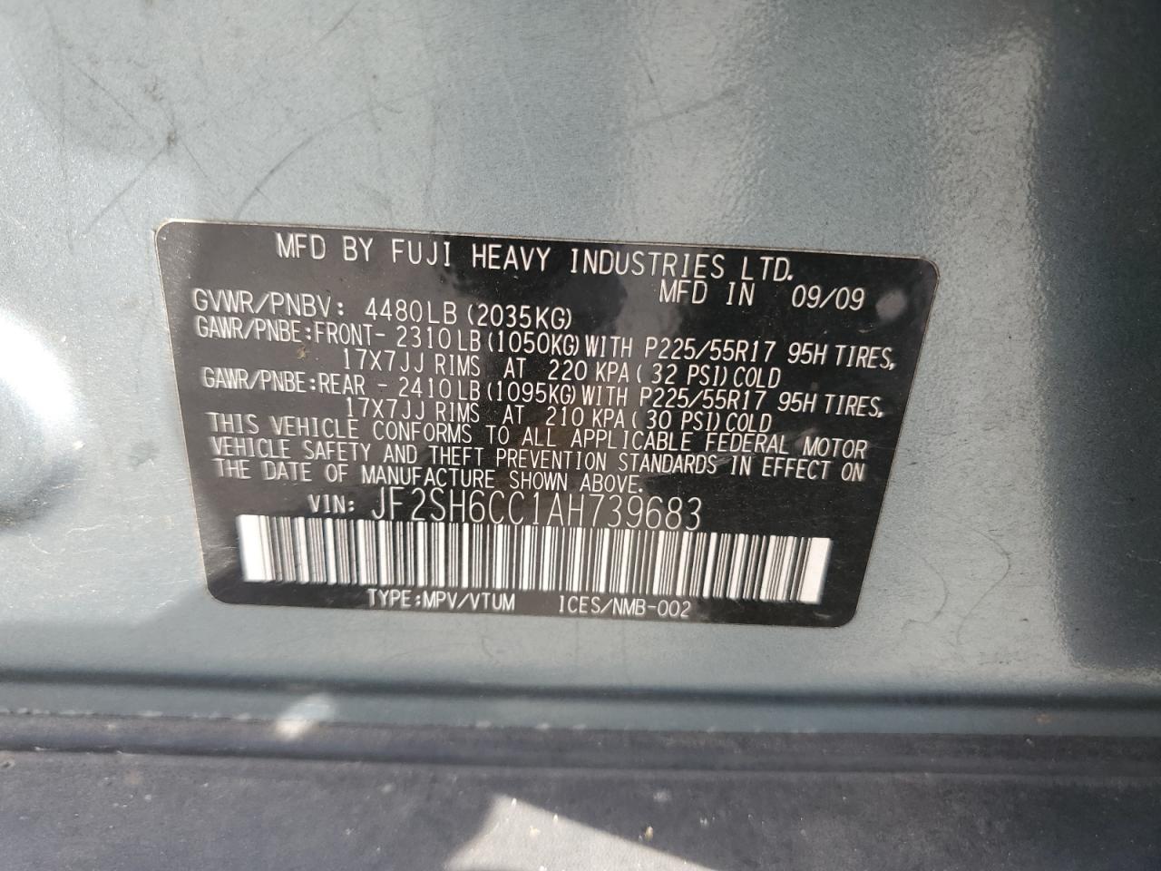 2010 Subaru Forester 2.5X Premium VIN: JF2SH6CC1AH739683 Lot: 86209925