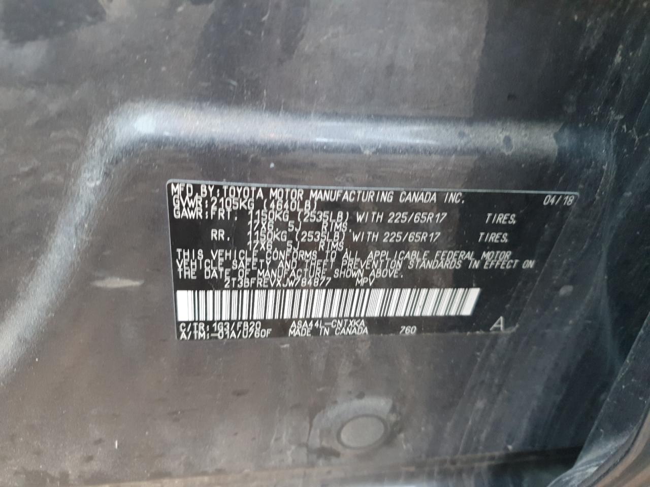 2018 Toyota Rav4 Le VIN: 2T3BFREVXJW784877 Lot: 84036605