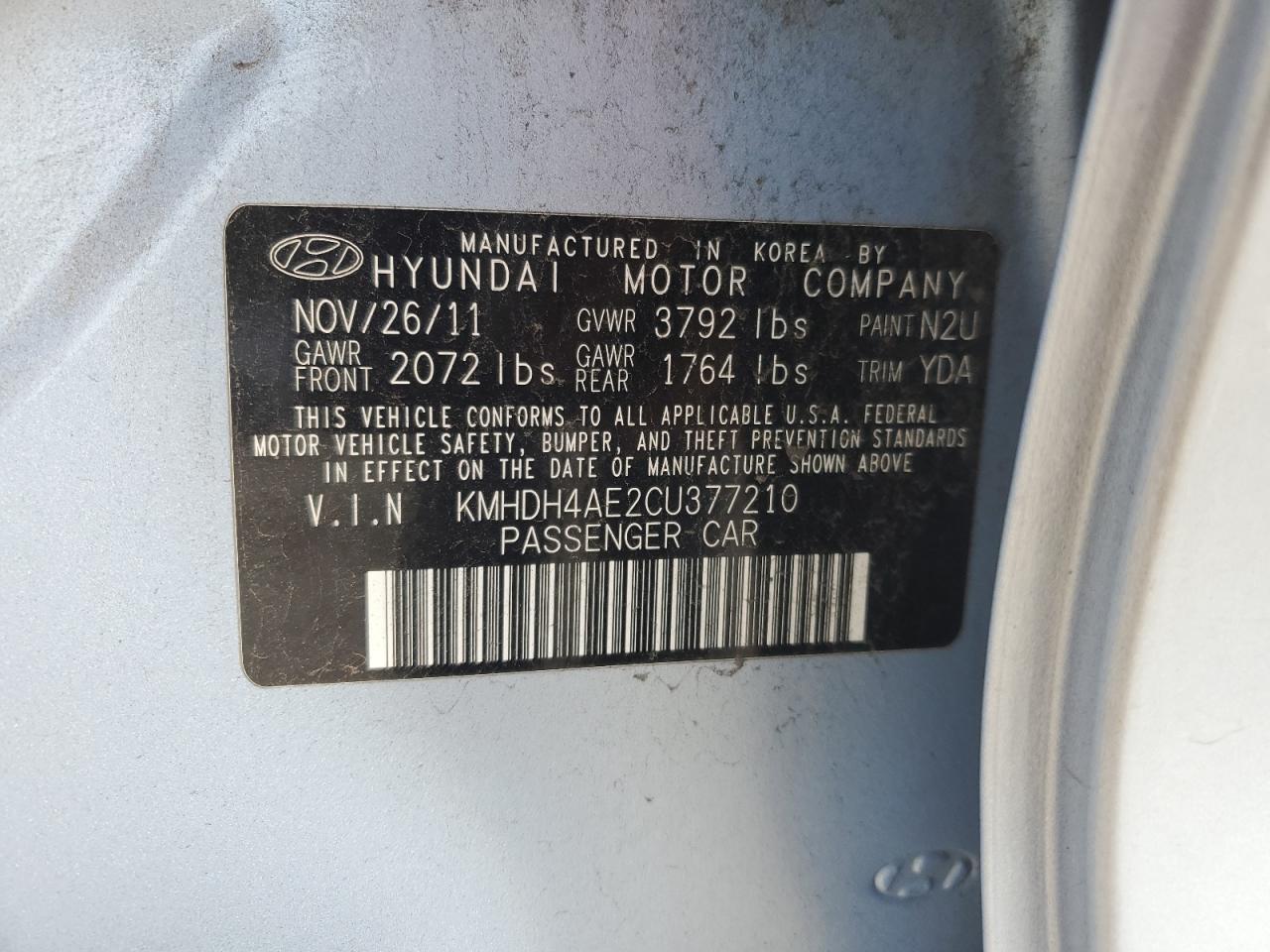 2012 Hyundai Elantra Gls VIN: KMHDH4AE2CU377210 Lot: 85672315