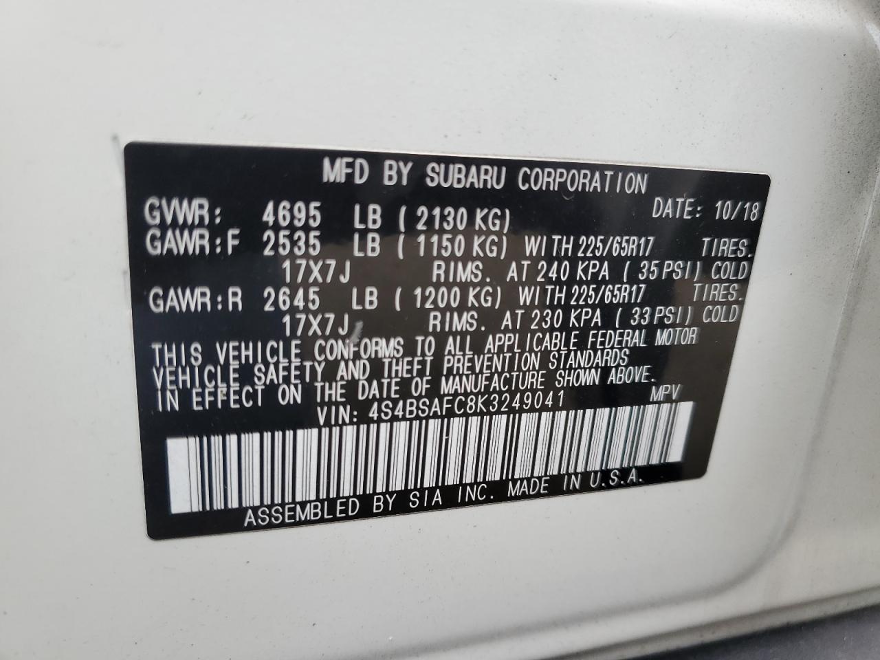 2019 Subaru Outback 2.5I Premium VIN: 4S4BSAFC8K3249041 Lot: 90056725