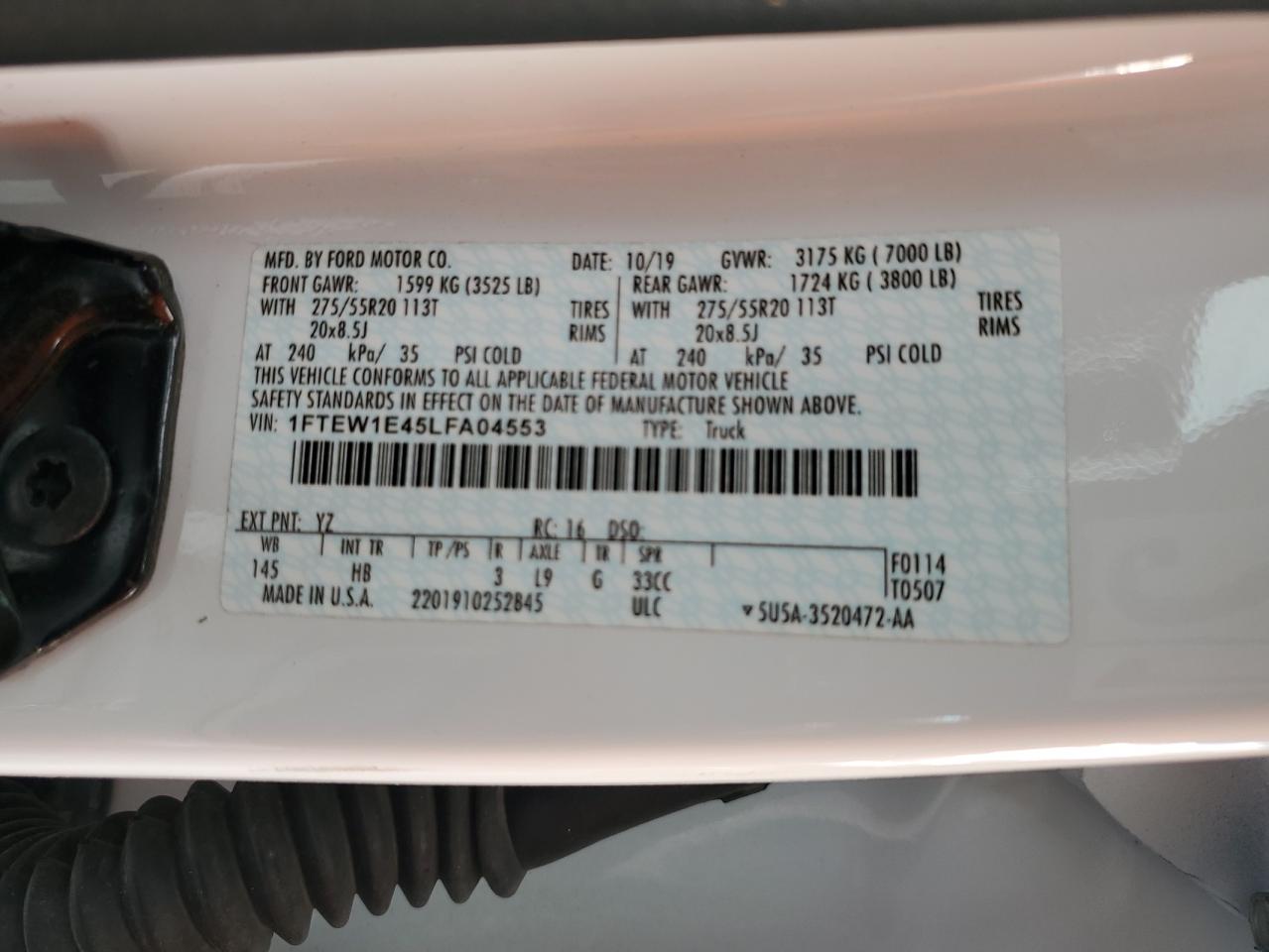 2020 Ford F150 Supercrew VIN: 1FTEW1E45LFA04553 Lot: 85517955