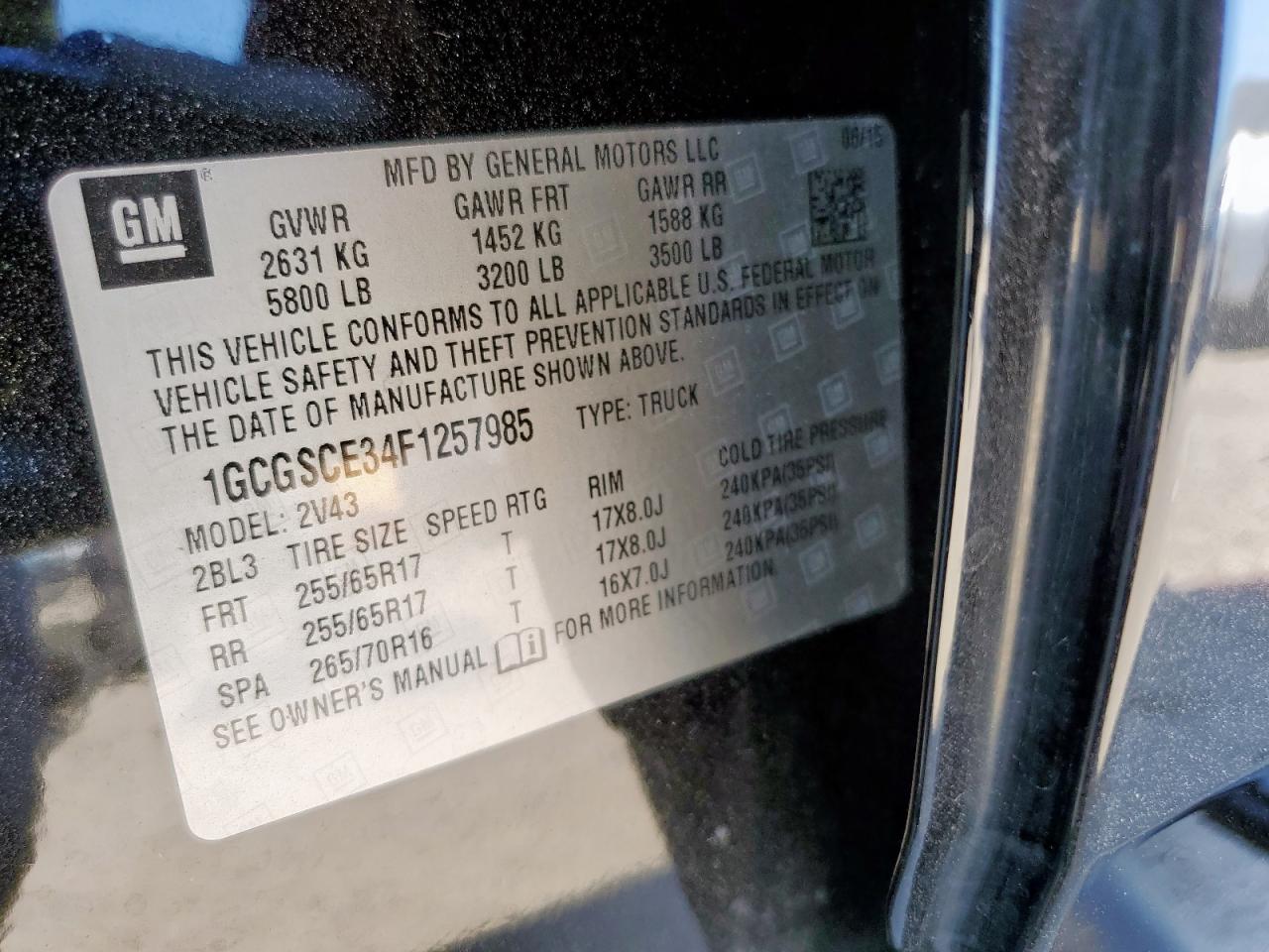 2015 Chevrolet Colorado Z71 VIN: 1GCGSCE34F1257985 Lot: 85103075