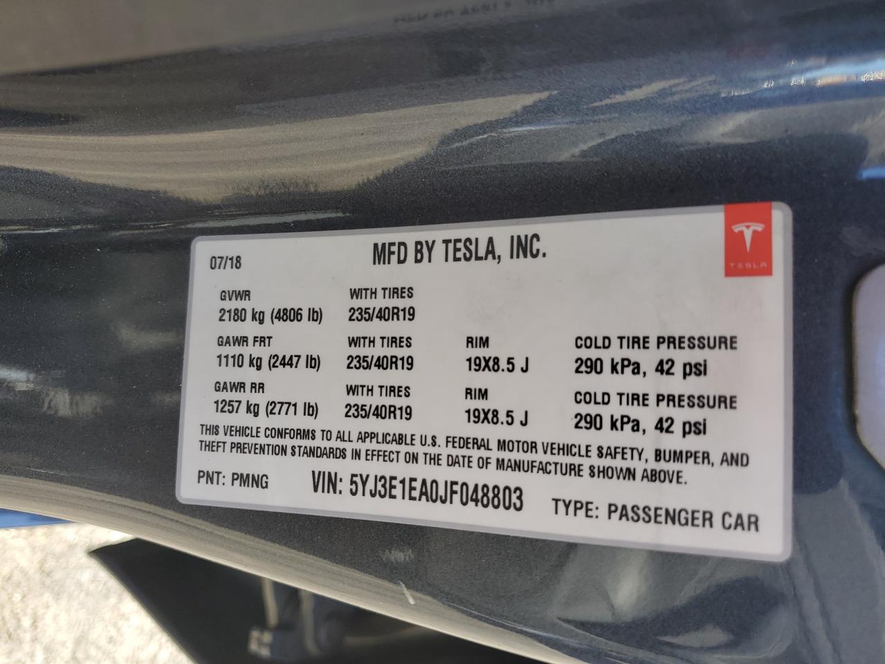 2018 Tesla Model 3 VIN: 5YJ3E1EA0JF048803 Lot: 91095725