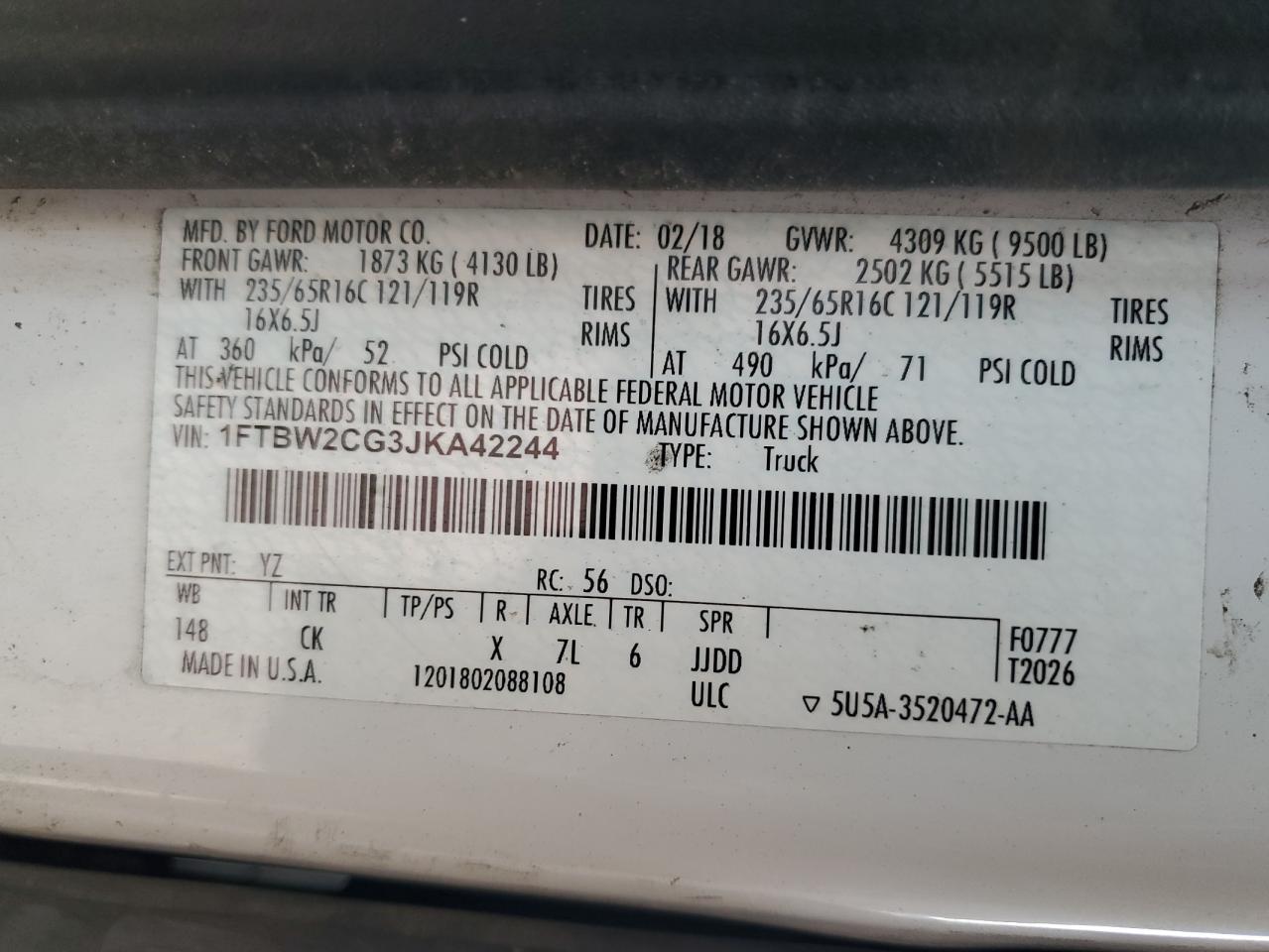 2018 Ford Transit T-350 VIN: 1FTBW2CG3JKA42244 Lot: 85680165