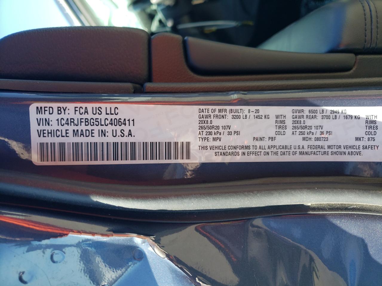 2020 Jeep Grand Cherokee Limited VIN: 1C4RJFBG5LC406411 Lot: 85124975