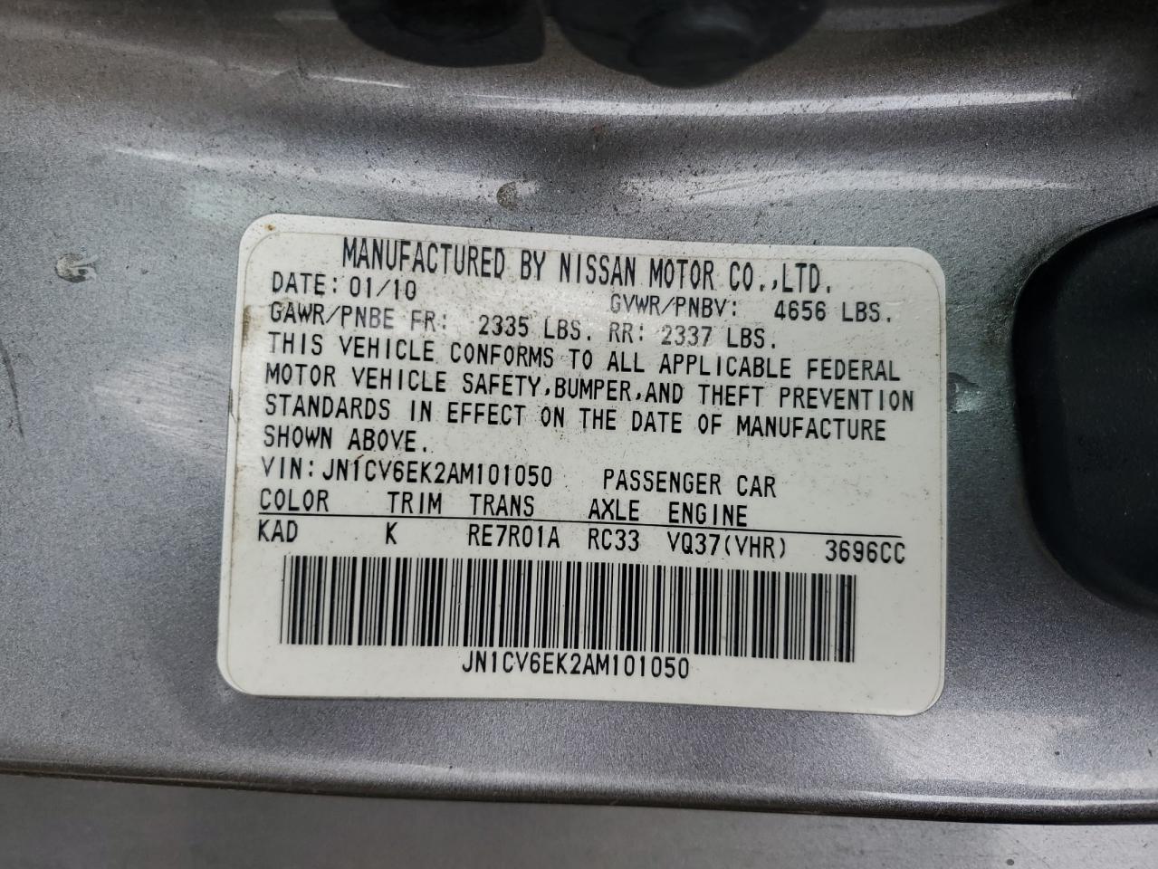 2010 Infiniti G37 Base VIN: JN1CV6EK2AM101050 Lot: 86246025