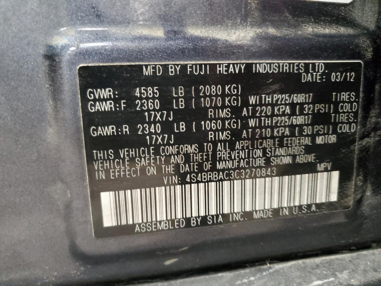 2012 Subaru Outback 2.5I VIN: 4S4BRBAC3C3270843 Lot: 85886905