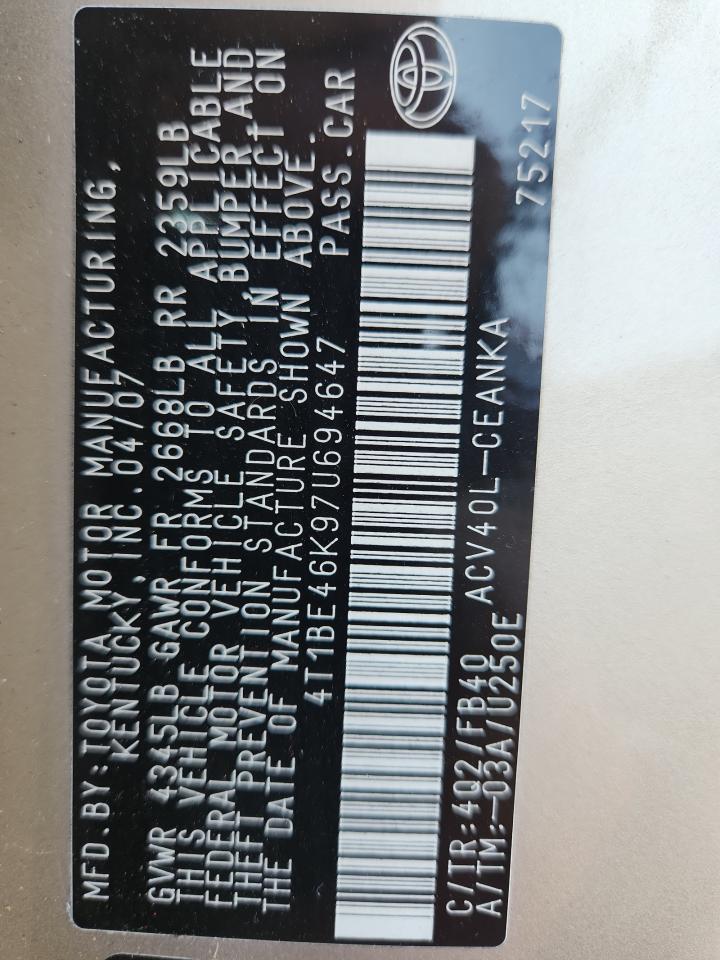 2007 Toyota Camry Ce VIN: 4T1BE46K97U694647 Lot: 90144755