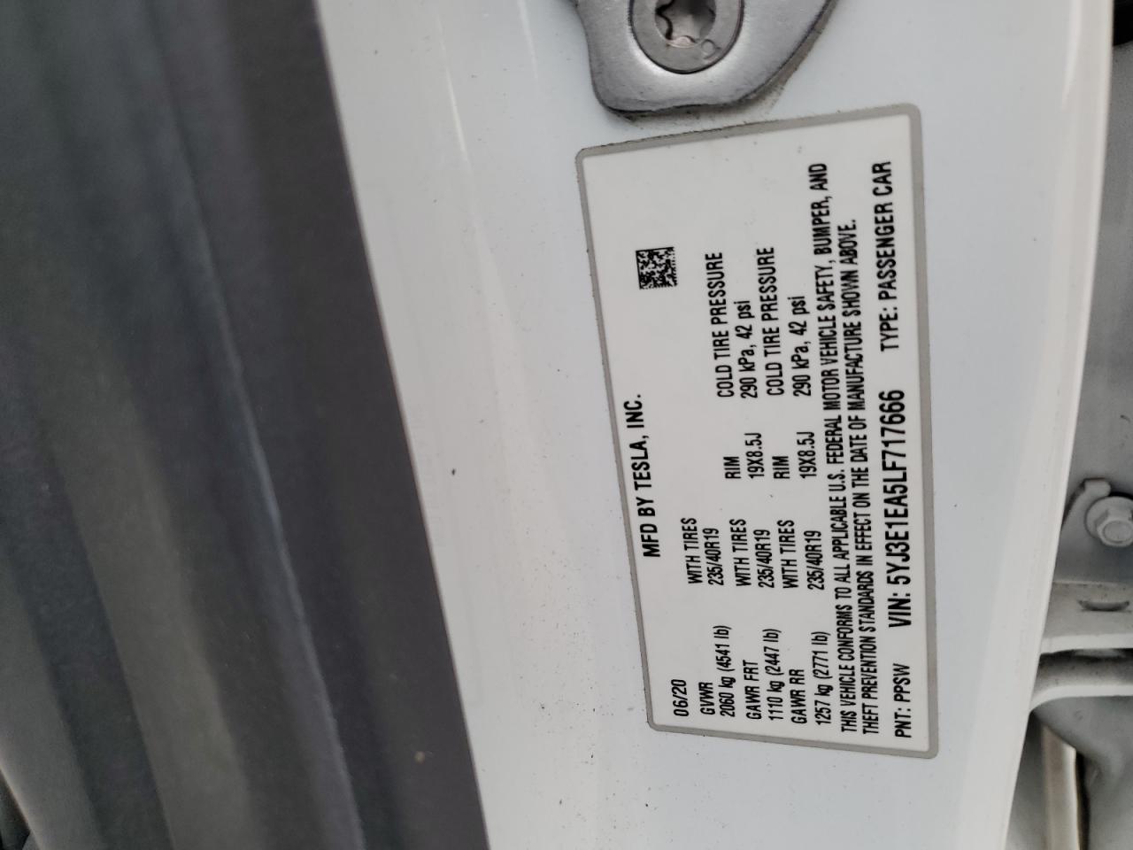 2020 Tesla Model 3 VIN: 5YJ3E1EA5LF717666 Lot: 87363405
