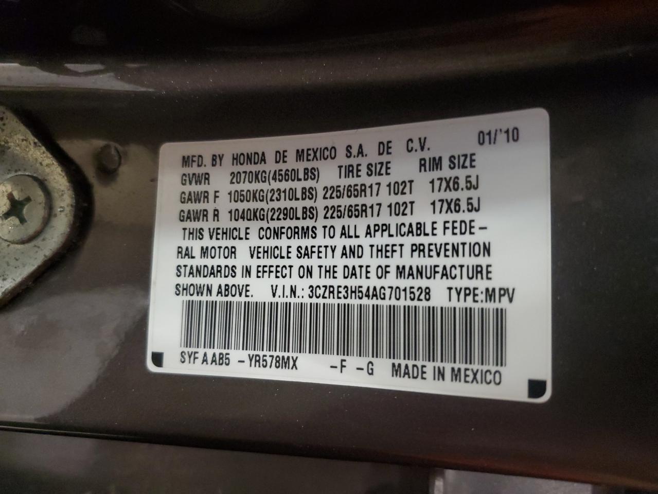 2010 Honda Cr-V Ex VIN: 3CZRE3H54AG701528 Lot: 86172755