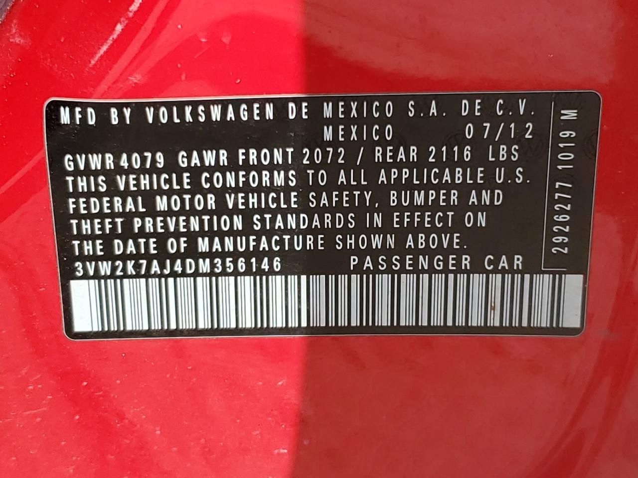 2013 Volkswagen Jetta Base VIN: 3VW2K7AJ4DM356146 Lot: 84929065