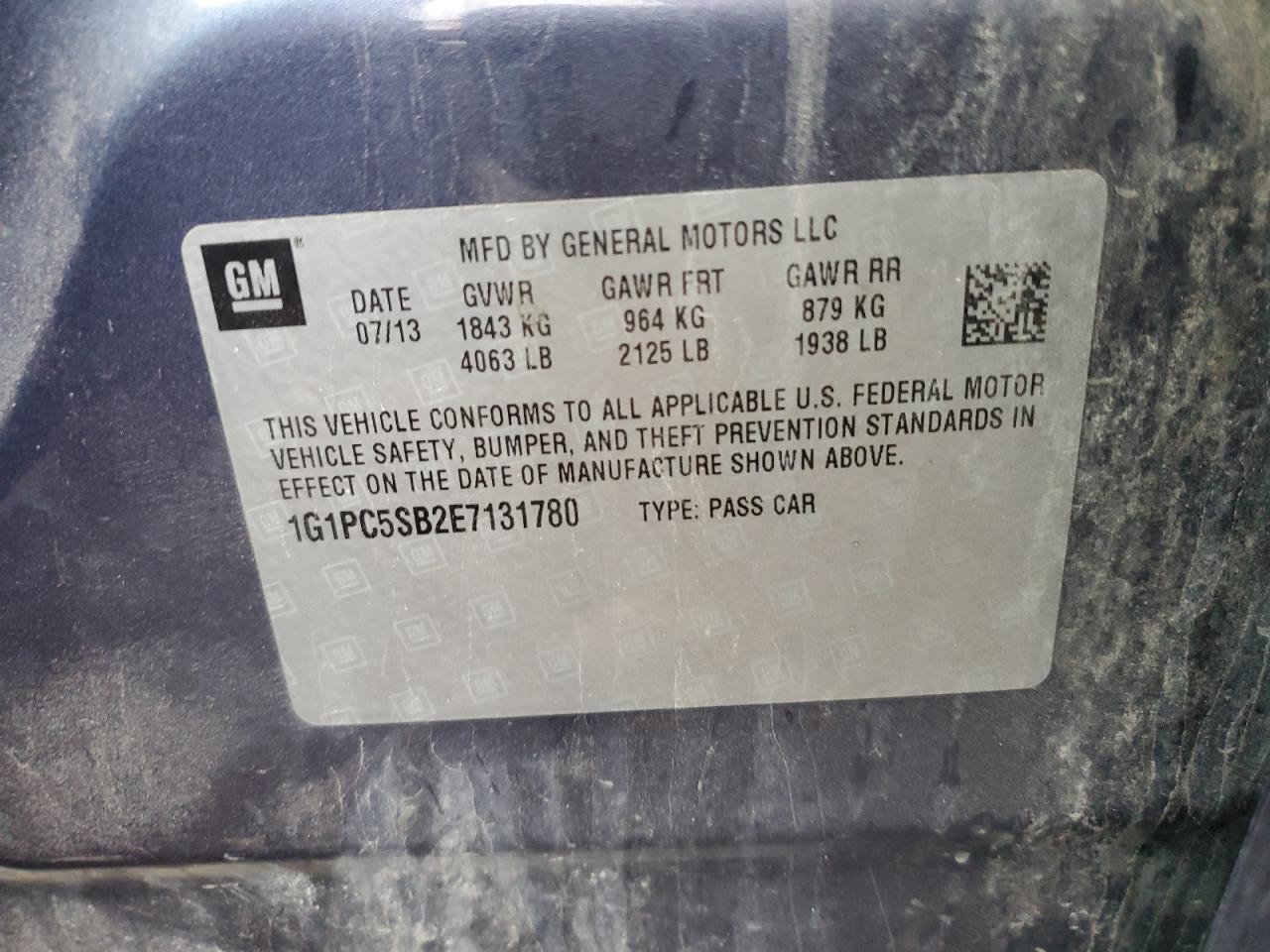 2014 Chevrolet Cruze Lt VIN: 1G1PC5SB2E7131780 Lot: 85356675