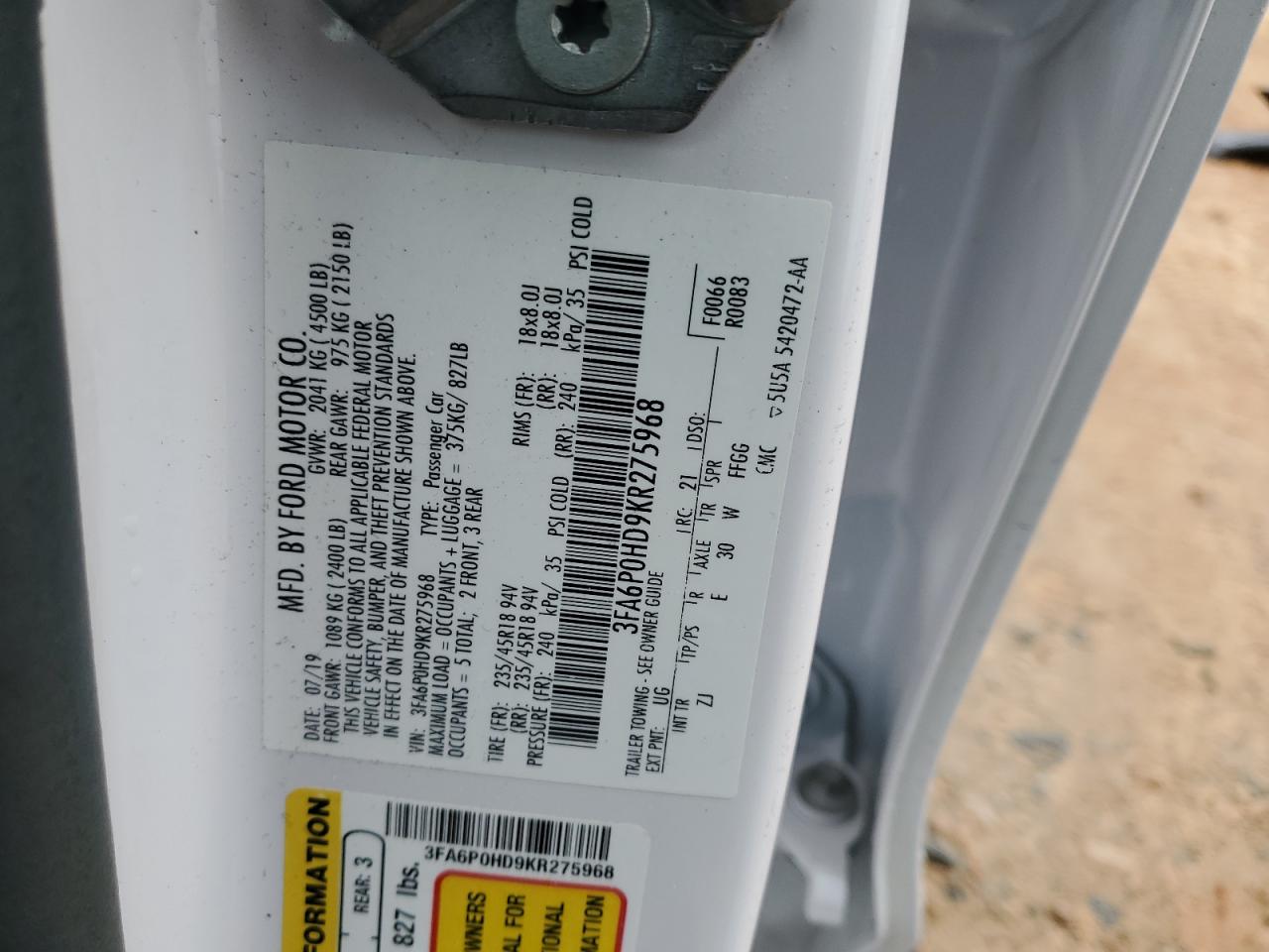 2019 Ford Fusion Se VIN: 3FA6P0HD9KR275968 Lot: 90656195