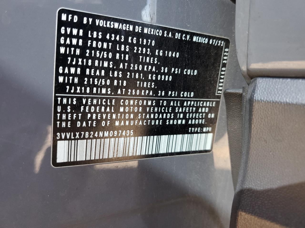 2022 Volkswagen Taos Se Iq Drive VIN: 3VVLX7B24NM097435 Lot: 87053745